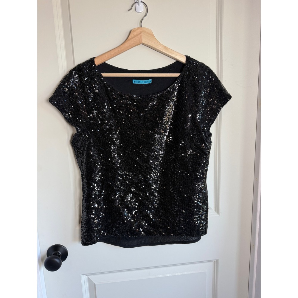 Alice + Olivia Womens Black Silk Sequin Short Sleeve Scoop Neck Top NYE Party